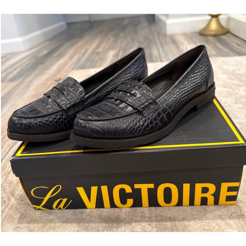Pour La Victoire Black Croc Embossed Leather Penny Loafers, Size 38